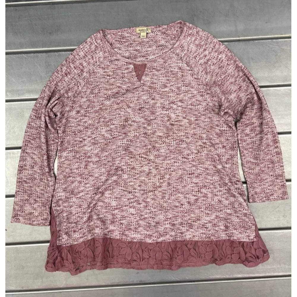 One World Blouse Top‎ Womens 2X Mauve Knitted Shirt Eyelet Trim